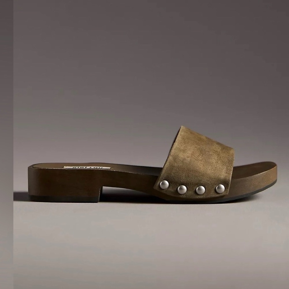 New Anthropologie Bibi Lou Wood Bottom Slides Khaki Green Size 41 10-10.5